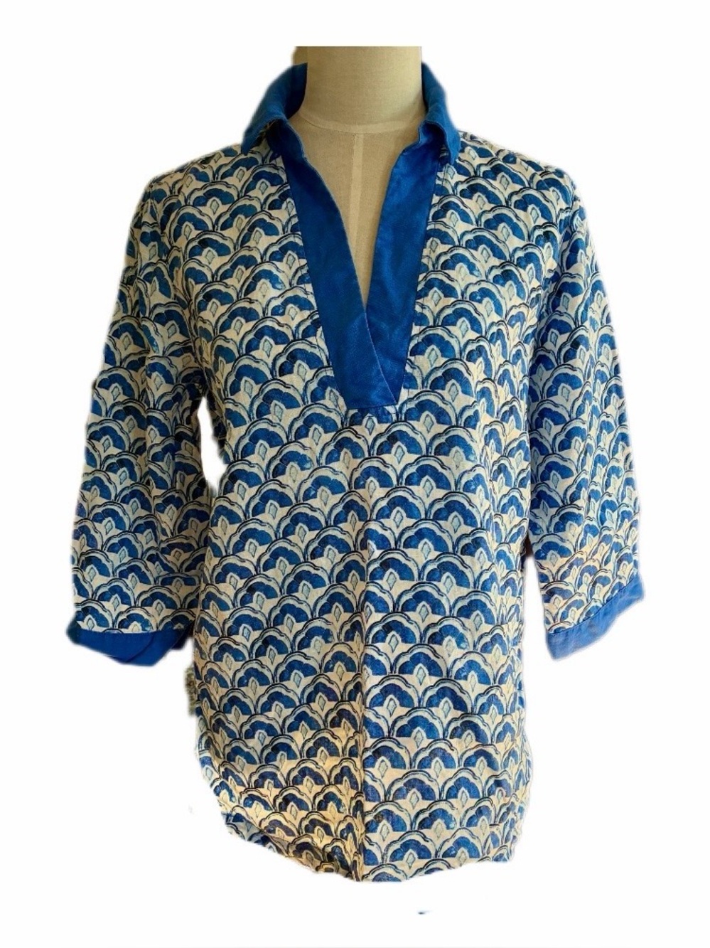 Sigrid Olsen 100% Linen Blue Patterned Casual Tunic Shirt size M